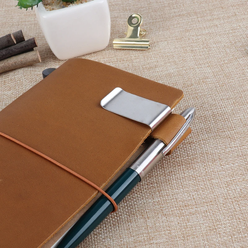 Brass Leather Pen Clip Stainless Steel Cowhide for Traveler's Notebook - Genunine Leather & Metal Notebook Accessory