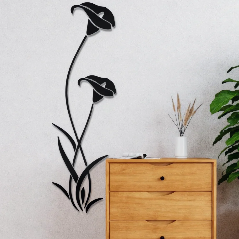 Black 3D Mirror Acrylic Calla Lily Wall Sticker, DIY Floral Mirror Wall Decal, Modern Stereoscopic Flower Wall Art for Entryway Bedroom Living Room Home Decor, Size 29cm*100cm