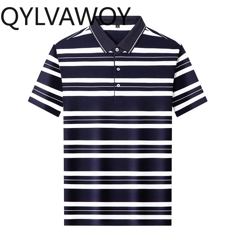 

QYLVAWOY High-end Mulberry Silk Men's Polo Shirts Loose Short Sleeve Stripe T Shirts for Man Summer Lapel Tops Business Casual