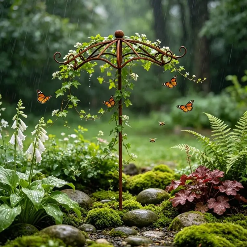 652F Brown Metal Climbing Display Stake Trellised for Pots, Curved Top Support Frame for Small Foliage, Balcony Use, Outdoor
