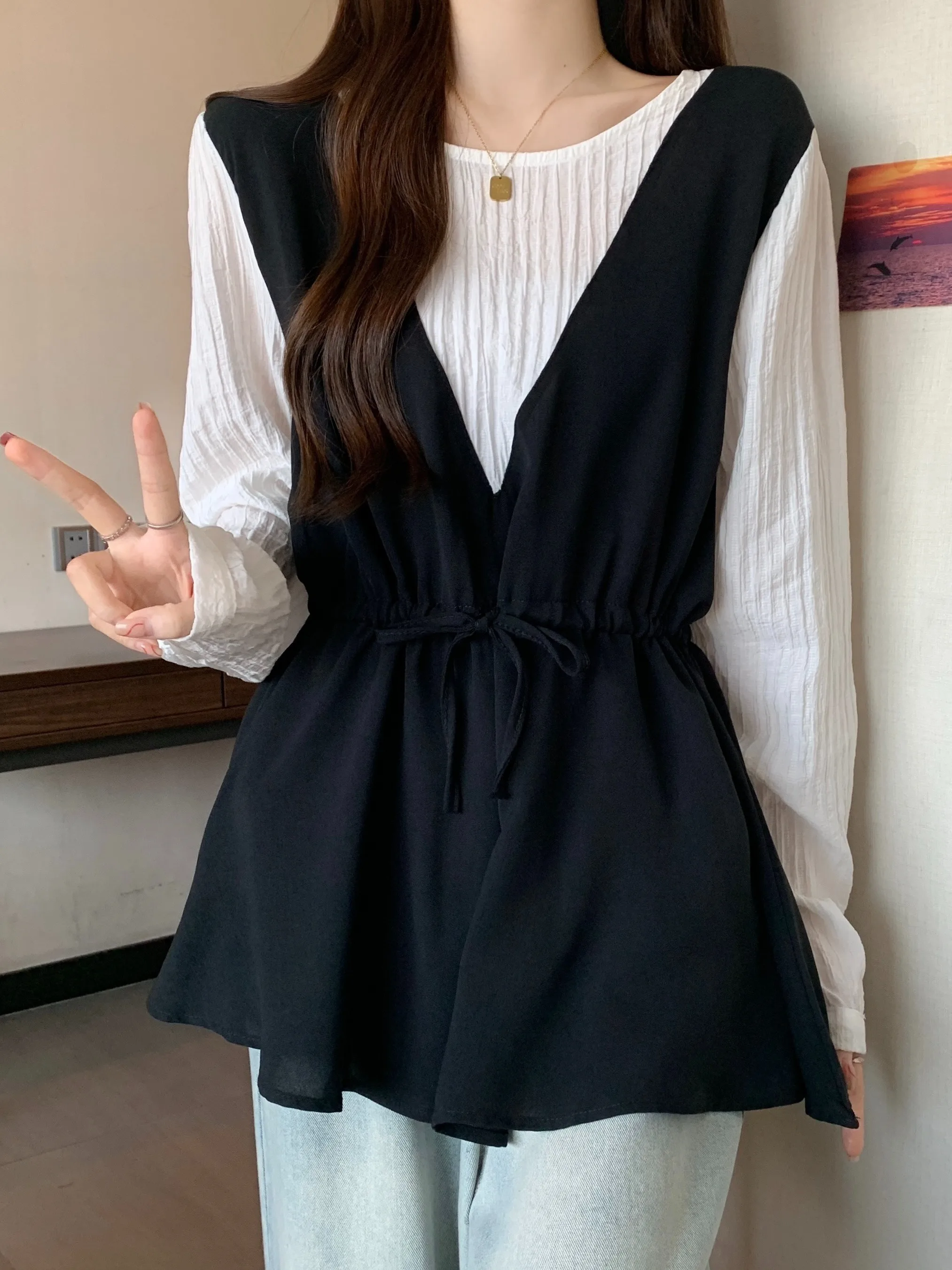 Slimming V-Ne Long Sve irt Women's plus Size Casual Sle Patchwork Top Belly Covering Waist-Cinching Autumn Faion