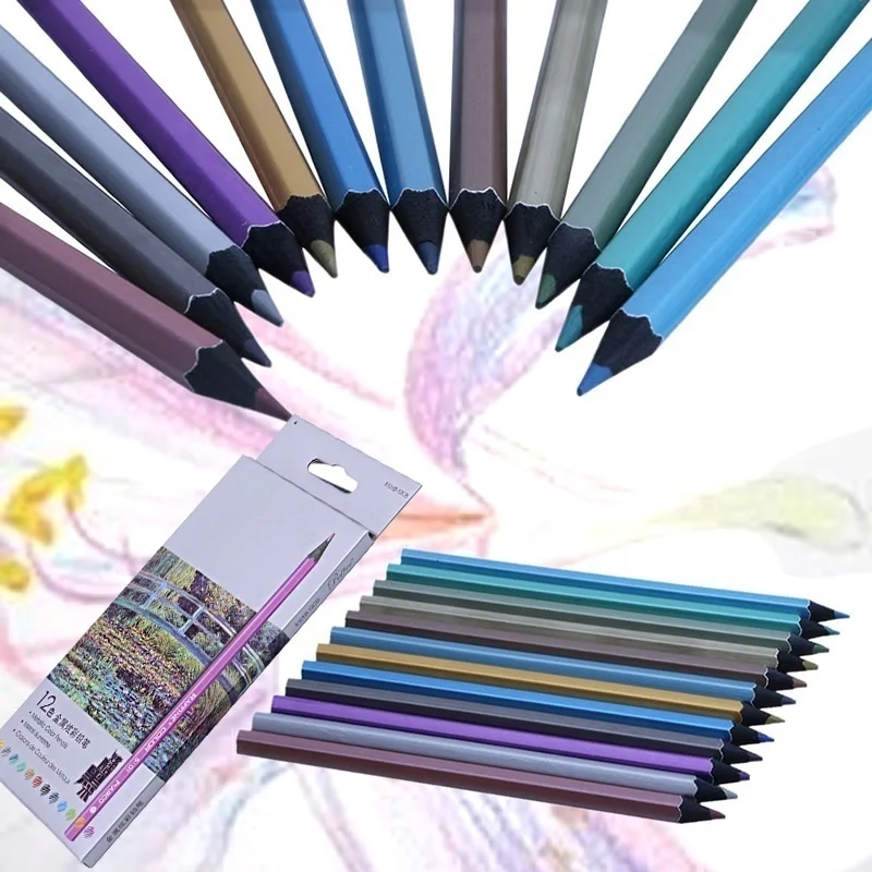 

12 Colors Professhional Metallic Non-toxic Drawing Pencils Painting Sketching Pens Art Supplies School Stationery