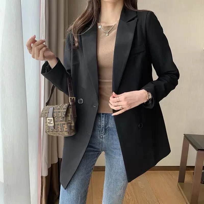 

Black Suit Jacket For women 2026 Spring Autumn New Slim Double breasted Blazer Coat Female Wrinkle Resistant design Casual Tops