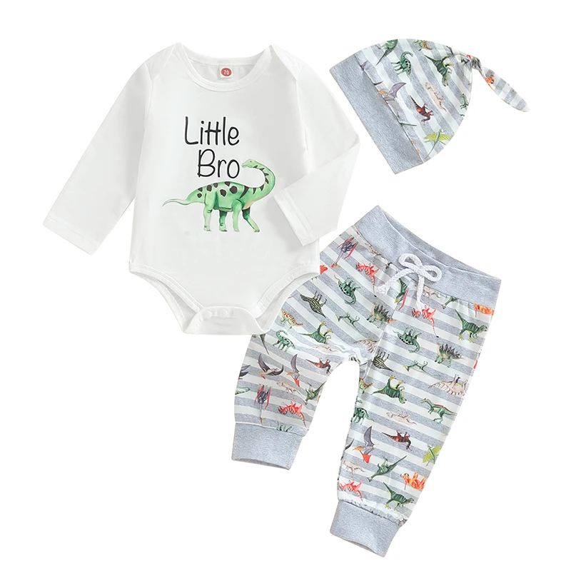 Little Brother Newborn Outfit Dino Lil Bro Bodysuit Dinosaur Jogger Pants Hat 3Pcs Fall Coming Home Outfit 0-18M