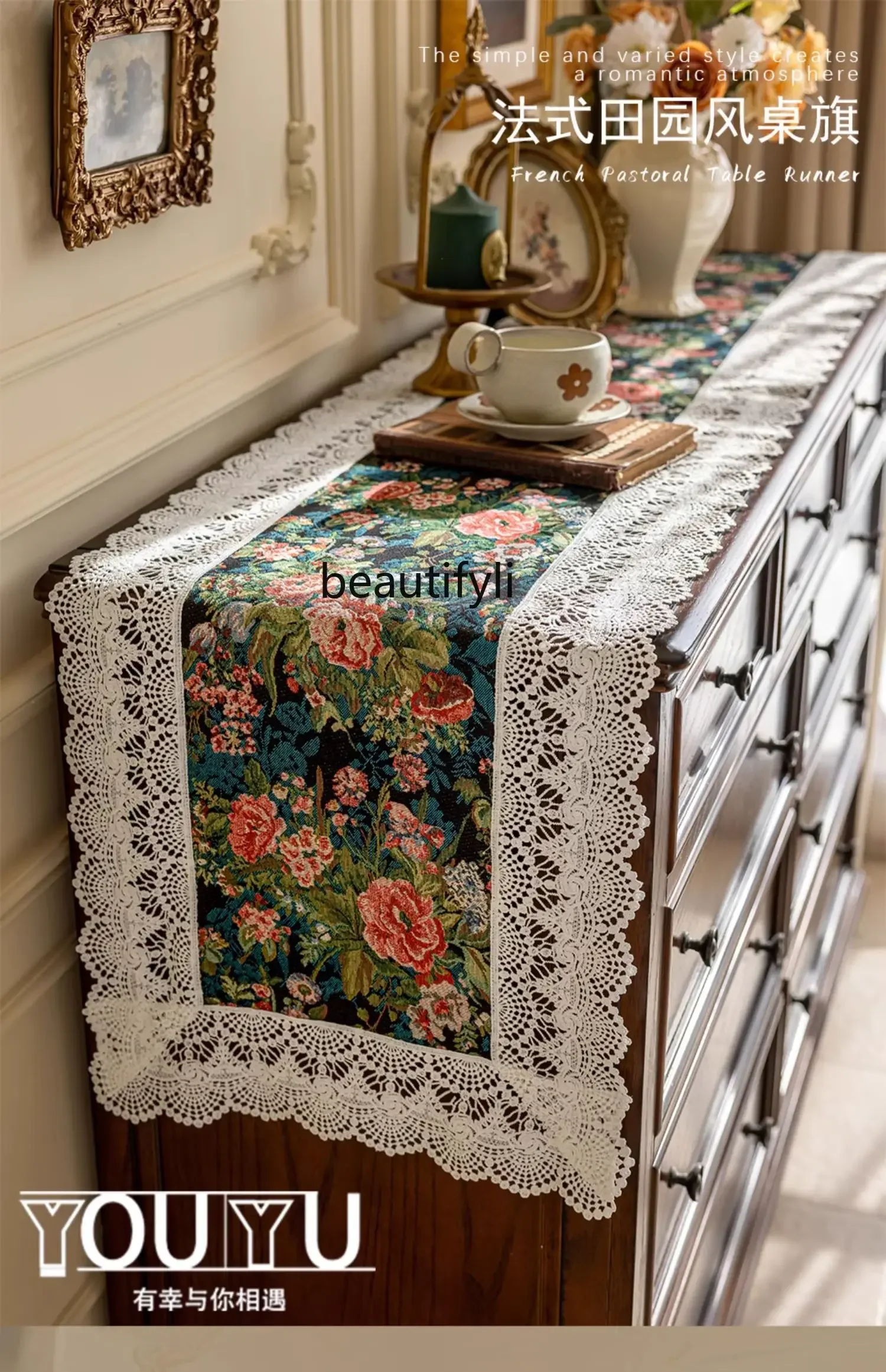 

xzAmerican retro flower table flag jacquard lace coffee table TV cabinet long bucket cabinet decorative tablecloth