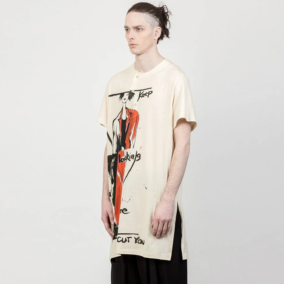 YOJI OOAK Asakura Yuka طباعة مقسمة الأساسية تي شيرت هنري طوق عادية قصيرة الأكمام تي شيرت #3