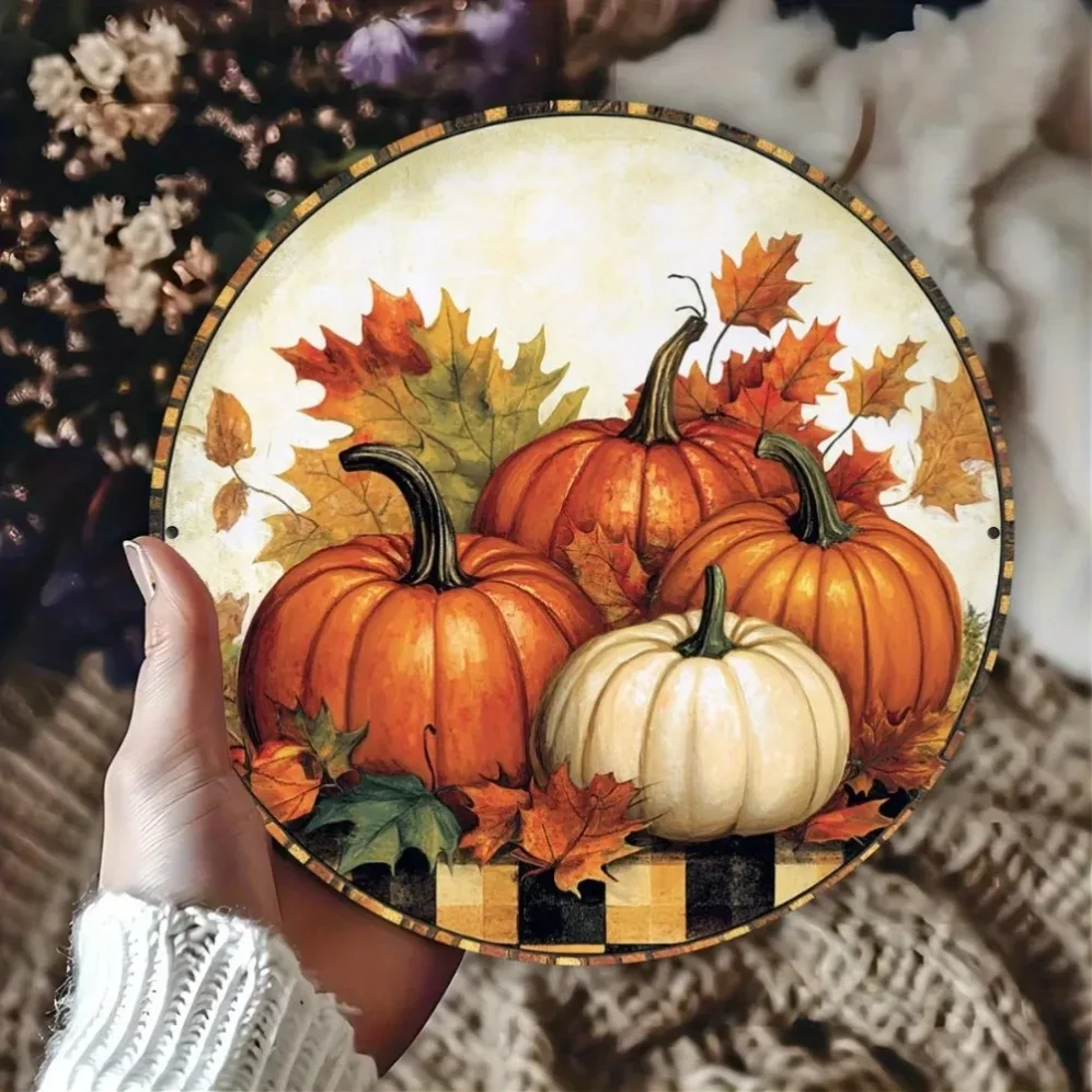 

Rustic Vintage Pumpkin Wreath Metal Sign-Charming Fall Decor for Thanksgiving and Halloween, Perfect for Wall-Mounted Home Cafe