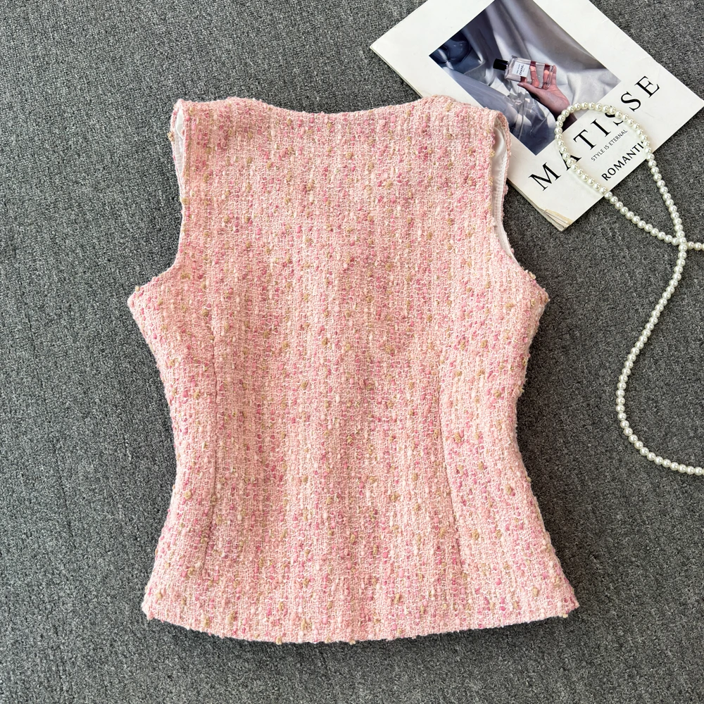 Gilet senza maniche elegante con temperamento intrecciato da donna estivo con scollo a v profumato rosa