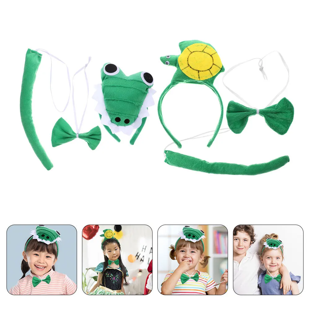 

2Sets Crocodilian Turtle Animal Costume Set Headband Tail Bowtie Kit Comfortable Lightweight Halloween Festival Party