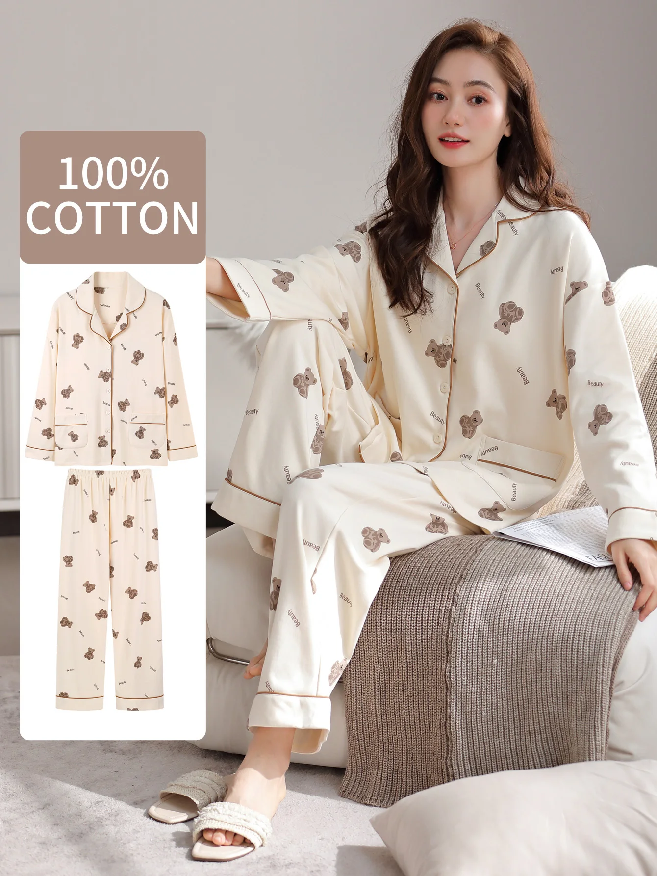

100% Cotton Sleepwear, Women's Autumn and Winter Long-Sleeved Pants, Cute Cartoon Pure Cotton Plus Size Women's Home Suit Set