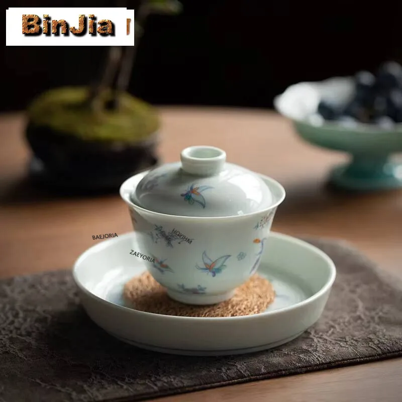 

Antique Blue Glaze Gaiwan Creative Butterfly Love Flower Tea Tureen Tea Brewing Cover Bowl Pot Bearing Base Tea Ceremony Supplie