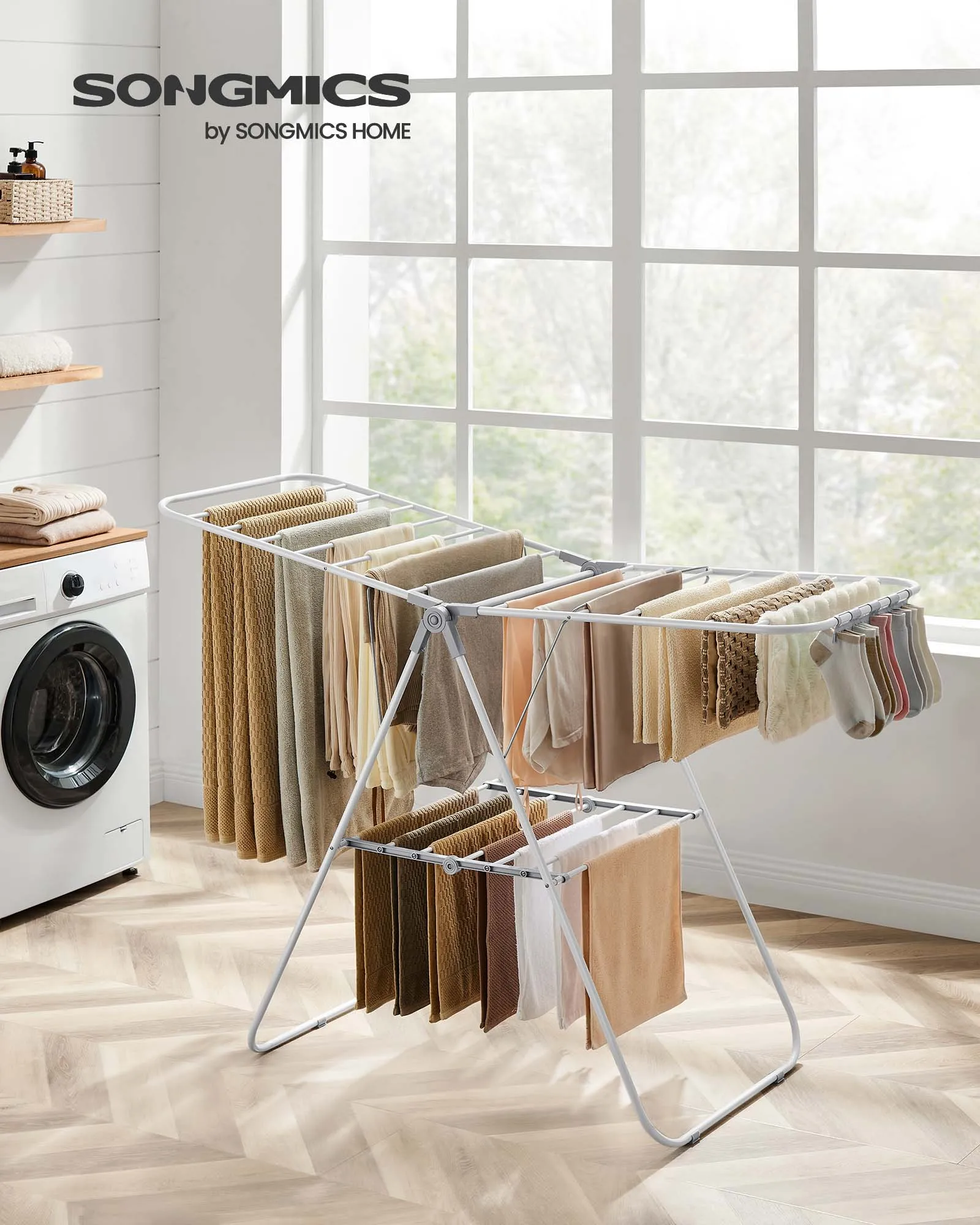 SONGMICS Clothes Drying Rack, with Sock Clips, Metal Laundry Rack, Foldable, Space-Saving, Free-Standing Airer