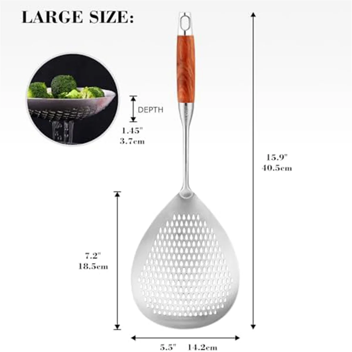 H-W Large Skimmer Slotted Spoon - 304 Stainless Steel Skimmer Spoon with Wooden Long Handle, 16 Inches Deep Fryer Scoop
