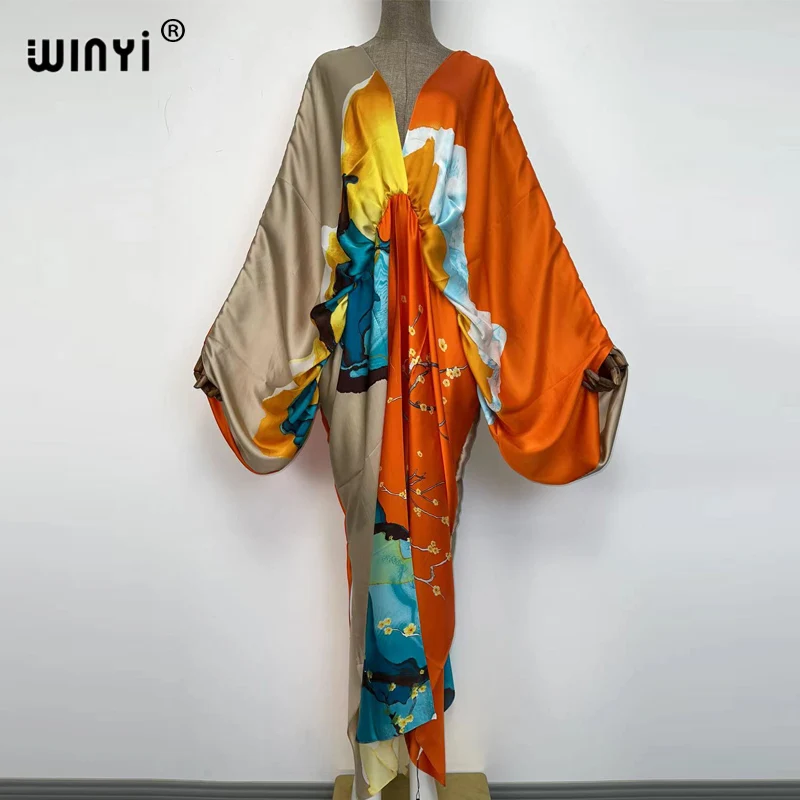 

Deep V sexy beach kaftan fashion feel silk rayon fashion print 2022 WINYI Maxi women's robes long sukienka V-neck Bohemian dress