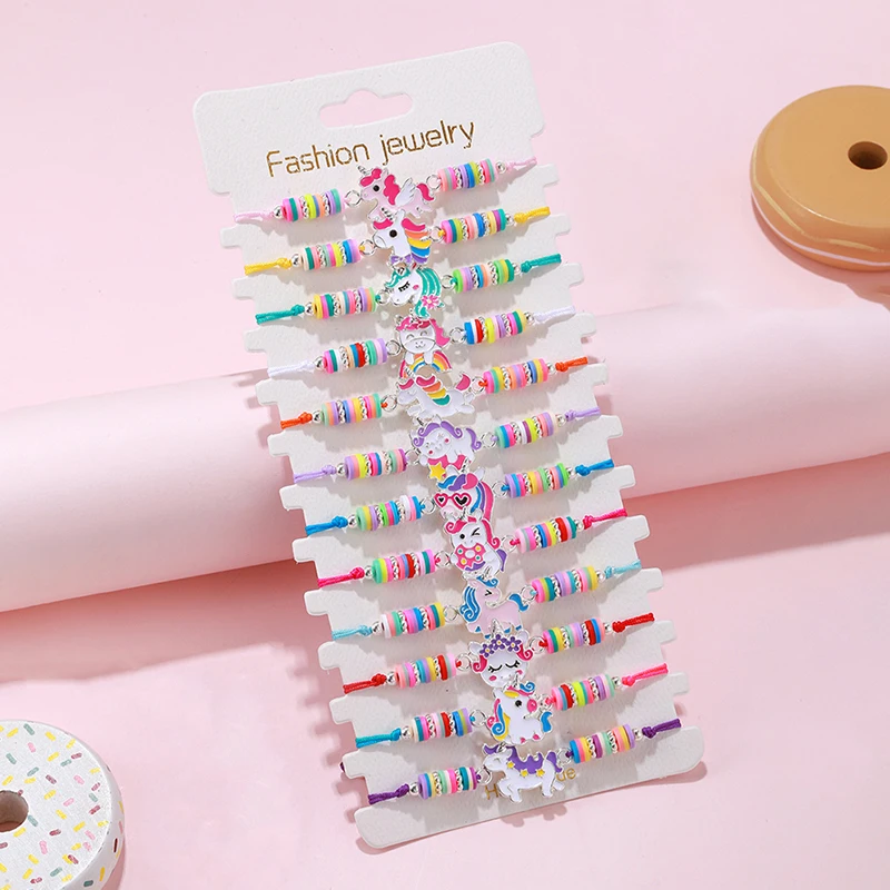 12 stks/set Leuke Kat Kleurrijke Touw Regenboog Eenhoorn Charme Armbanden Voor Vrouwen Meisjes Verjaardag Kerst Sieraden Vriendschap Gift