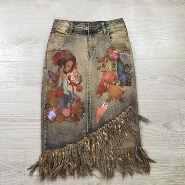 Summer New Denim Skirt Female Furred Edge Printed Irregular Denim A-line Package Hip Denim Skirt Jupe Fleurie Femme Été