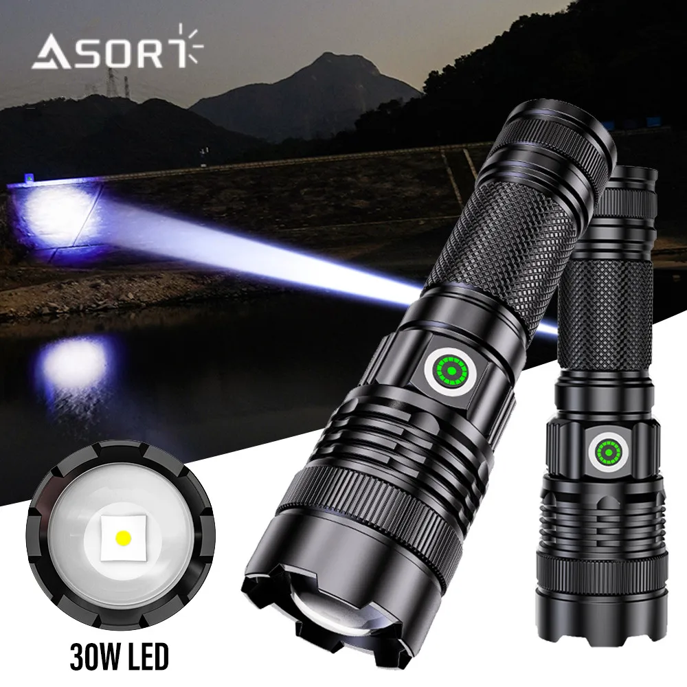 100000 Lumen Super Bright Spotlight Long Range LED Flashlight Built-in Battery USB Charging Waterproof Portable Camping Torch
