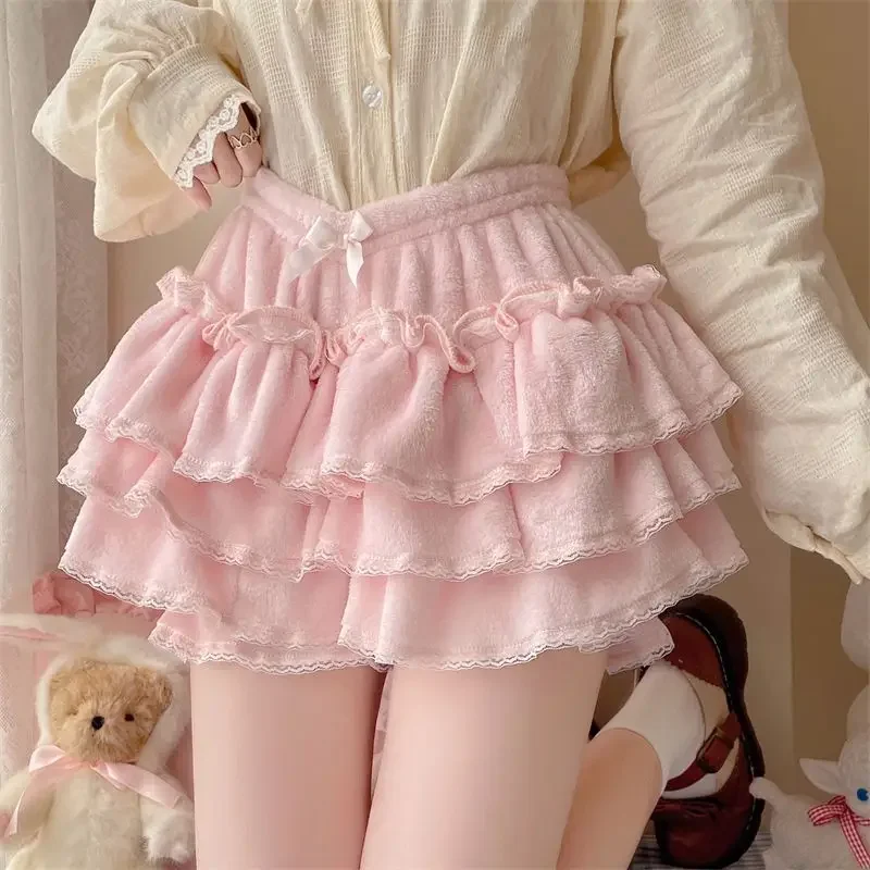 Harajuku Sweet Lolita Shorts Skirts Autumn Winter Plush Bloomers Y2k Japanese Kawaii Knickers Women Lace Bow Safety Short Pants