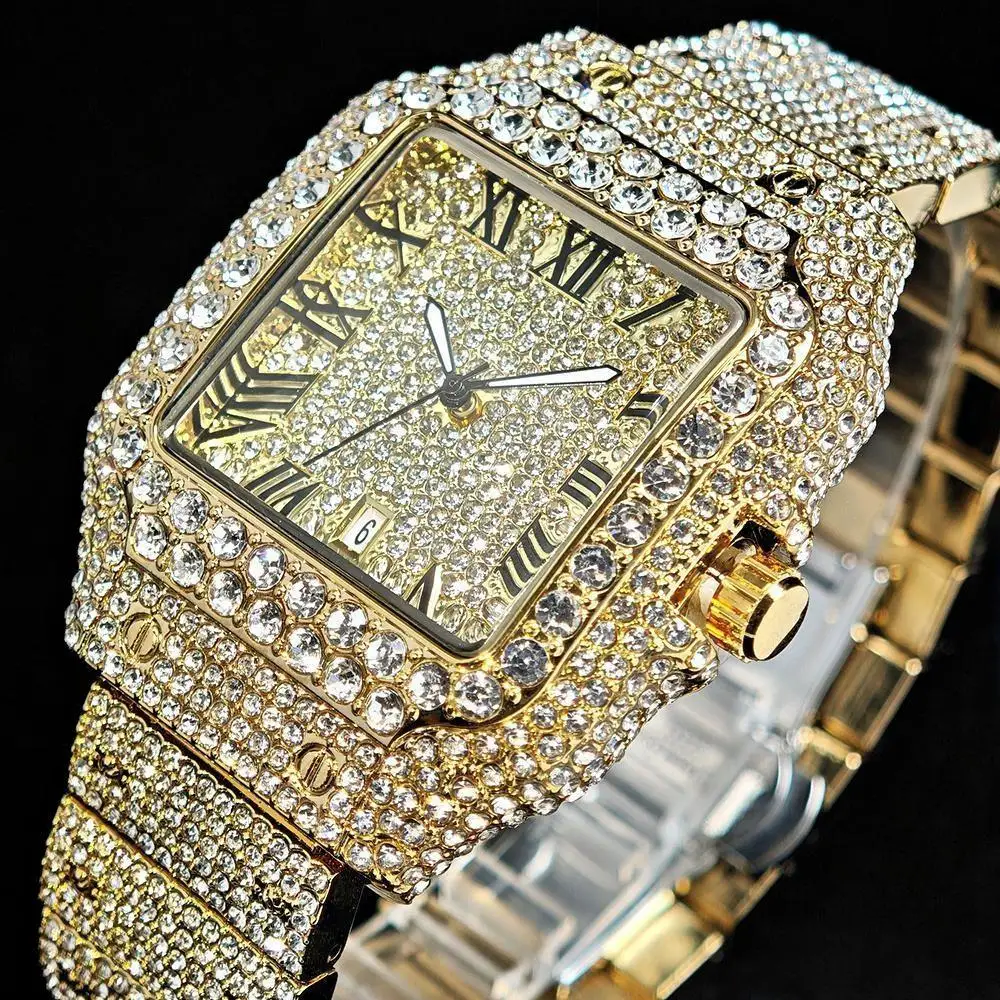 

Золотые часы с бриллиантами для мужчин, бренд UNIGUET, модные римские литературные кварцевые часы, мужские хип-хоп ювелирные изделия со льдом, квадратные наручные часы, Лидер продаж