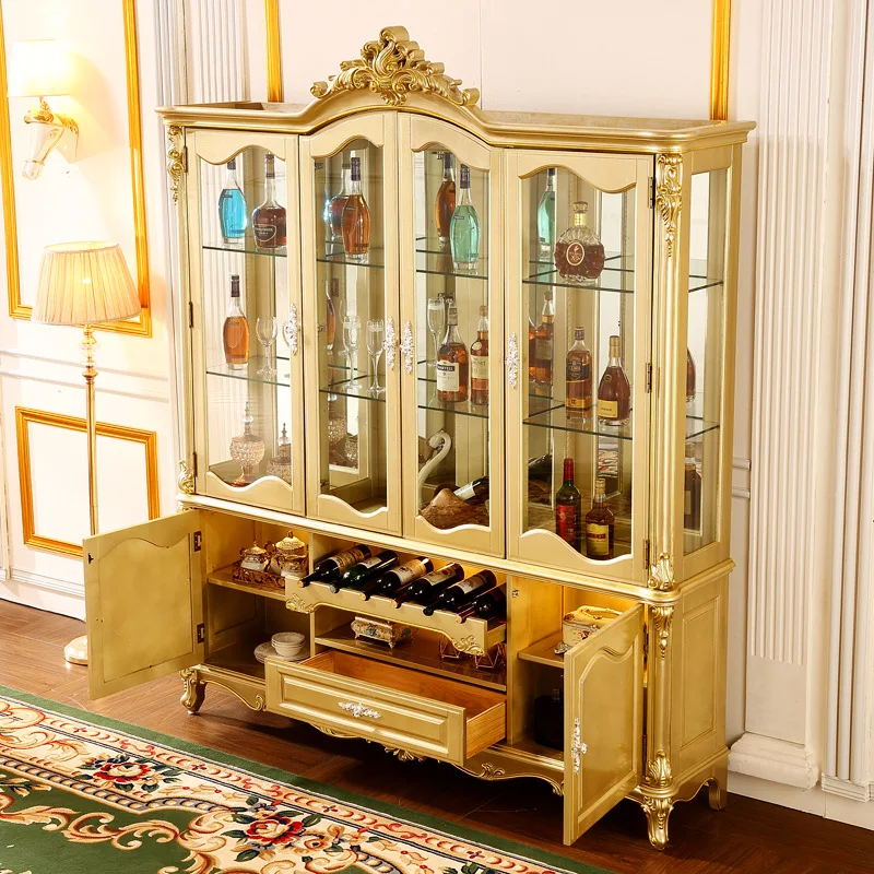 European wine cabinet solid wood carving flower villa furniture, decorative cabinet, champagne gold glass four doors