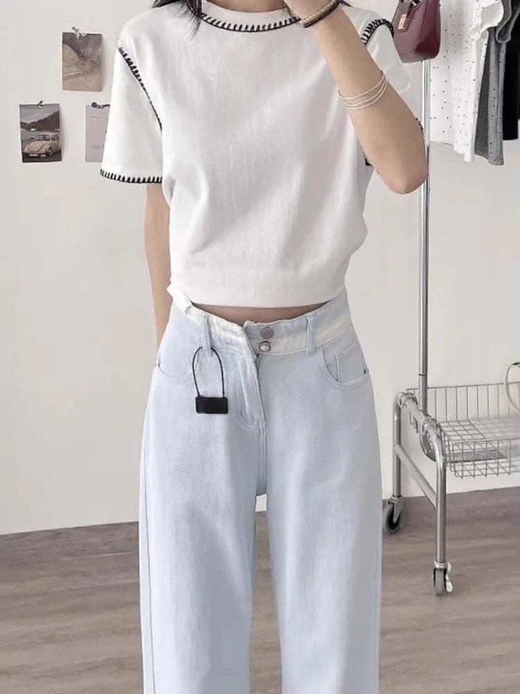 بنطلون جينز نسائي بخصر عالٍ وساق مستقيمة، بنطلون دينيم أزرق ضيق، سروال واسع الساق للتحكم في البطن، مناسب للجسم على شكل كمثرى ...