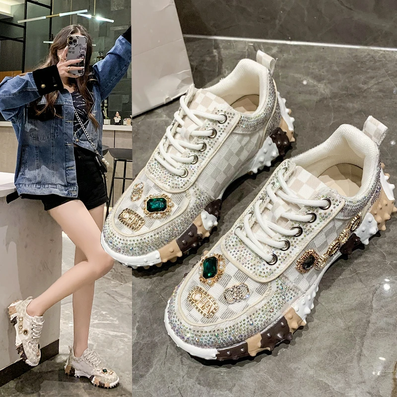 Autumn New In Women's Shoes Water Diamond Women's Sneakers Breathable Low Top Lace Up Casual Fashion Designer Luxury Shoes