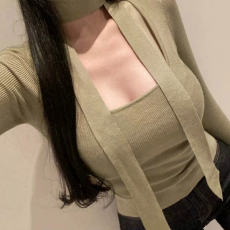 Sexy Square Neck Display Chest Strap Tight Slim Long Sleeved Knitted T-shirt Elegant Women's Solid Color Comfort Tops New M6Q4