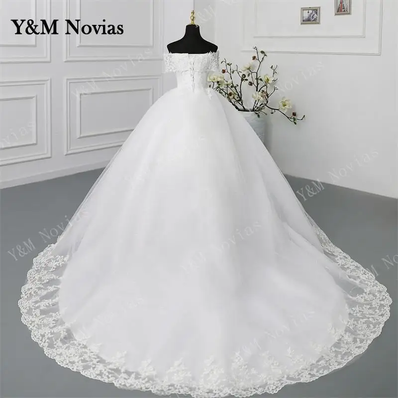 Y&M Customized Off Shoulder Plus Size Vestido De Noiva 2025 Wedding Dress Long Train or Floor Appliqe Pearl Bridal Tulle Mariage