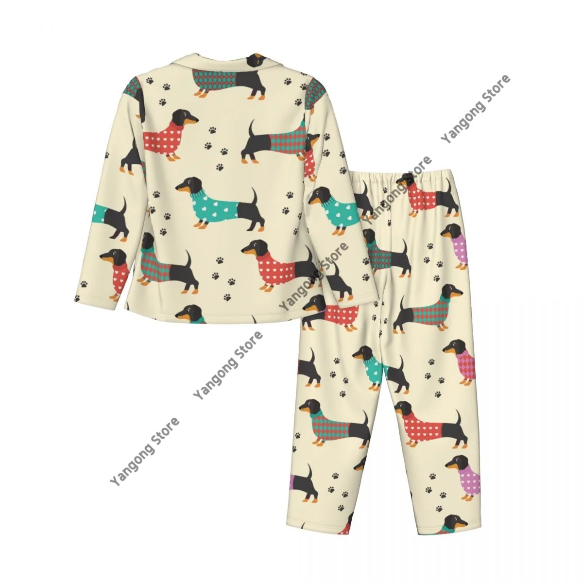 Women Sleepwear Loungewear Dachshunds In Clothes And Dog Prints Long Sleeve Lapel Neck Shirt and Elastic Waist Pants Pajamas Set