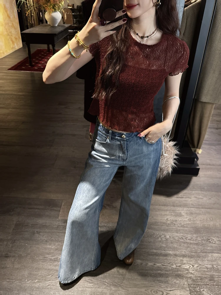 

Sanji Bla Flower Early Autumn Knitted Lace Hollow Long Sve Base irt Women's Faionable T-irt Casual Sle Polyester...