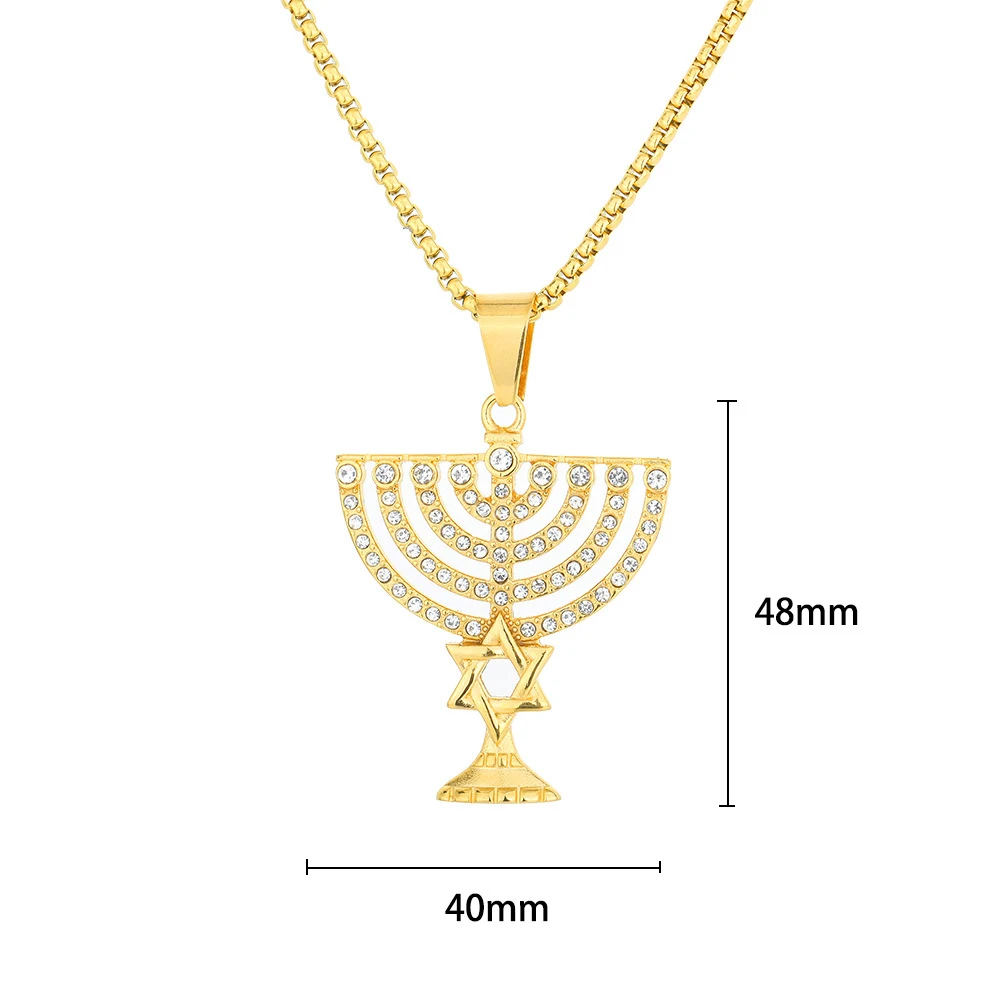 Religious Iced Out Candlestick Star of David Pendant Gold Color Stainless Steel Hexagram Necklace for Women Men Jewish Jewelry