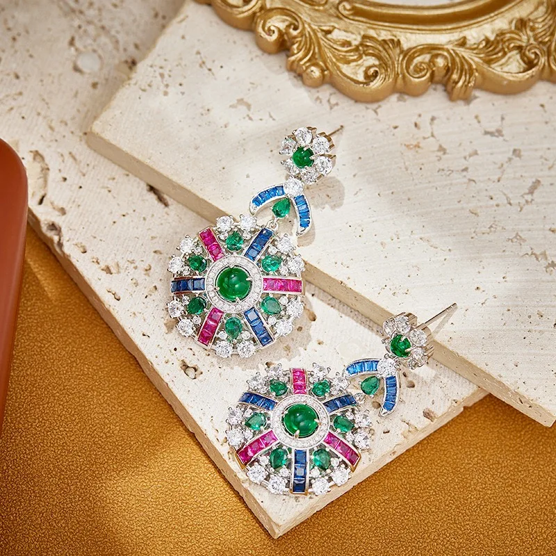 AY Luxury UAE Arabia Circular Colourful AAA Zirconia Long Necklace Earrings Sweater Chain Elegant Women Wedding Party Jewellry