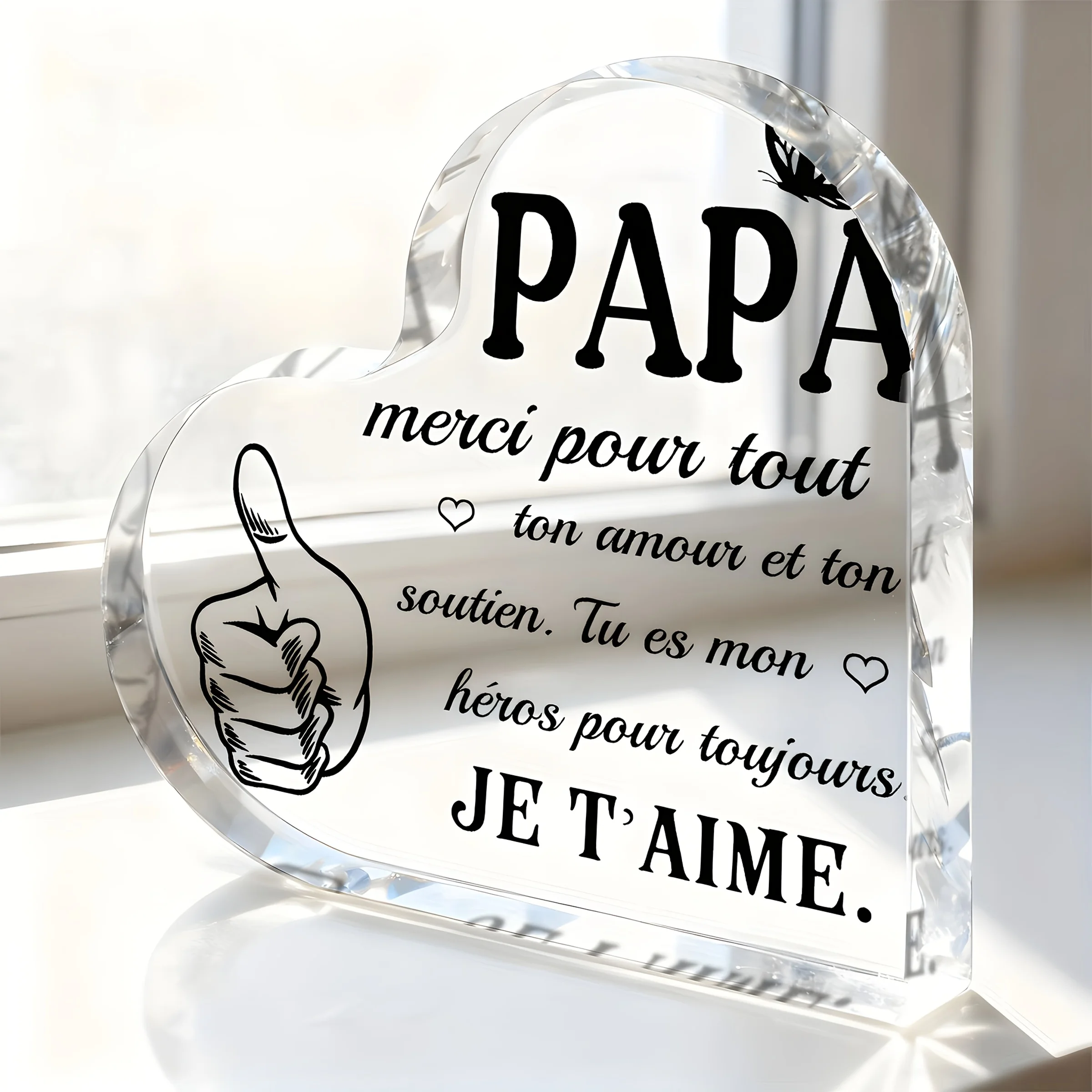 Adorno de Corazón Plano 2D con la Frase en Francés "Merci Papa", Ideal para Regalos del Día del Padre, Decoración de Mesa con Forma de Corazón