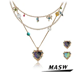 MASW Original Design Vintage Temperament Multi Charm Blue Heart Pendant Necklace For Women Girl Gift Modern Jewelry 2024