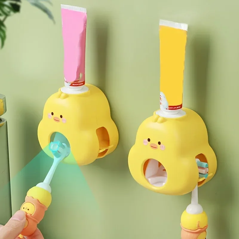 Cute Yellow Duck Automatic Toothpaste Dispenser with Built-In Toothbrush Holder - Wall Mounted, Easy Squeeze Bathroom Accessory