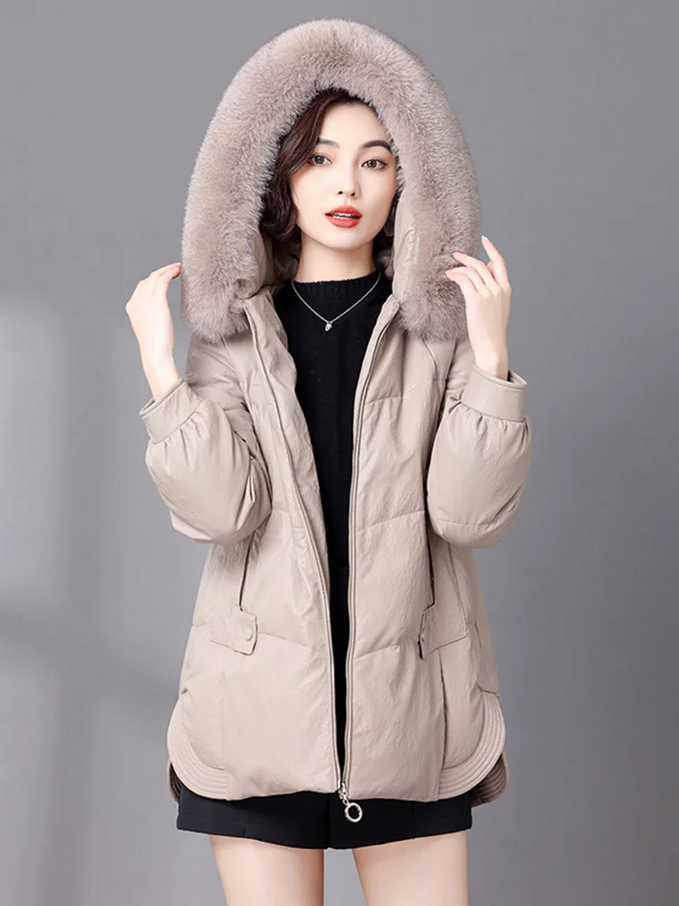 New Women Hooded Leather Down Jacket Winter Fashion Warm Real Fox Fur Collar Loose Sheepskin Down Coat Split Leather Outerwear