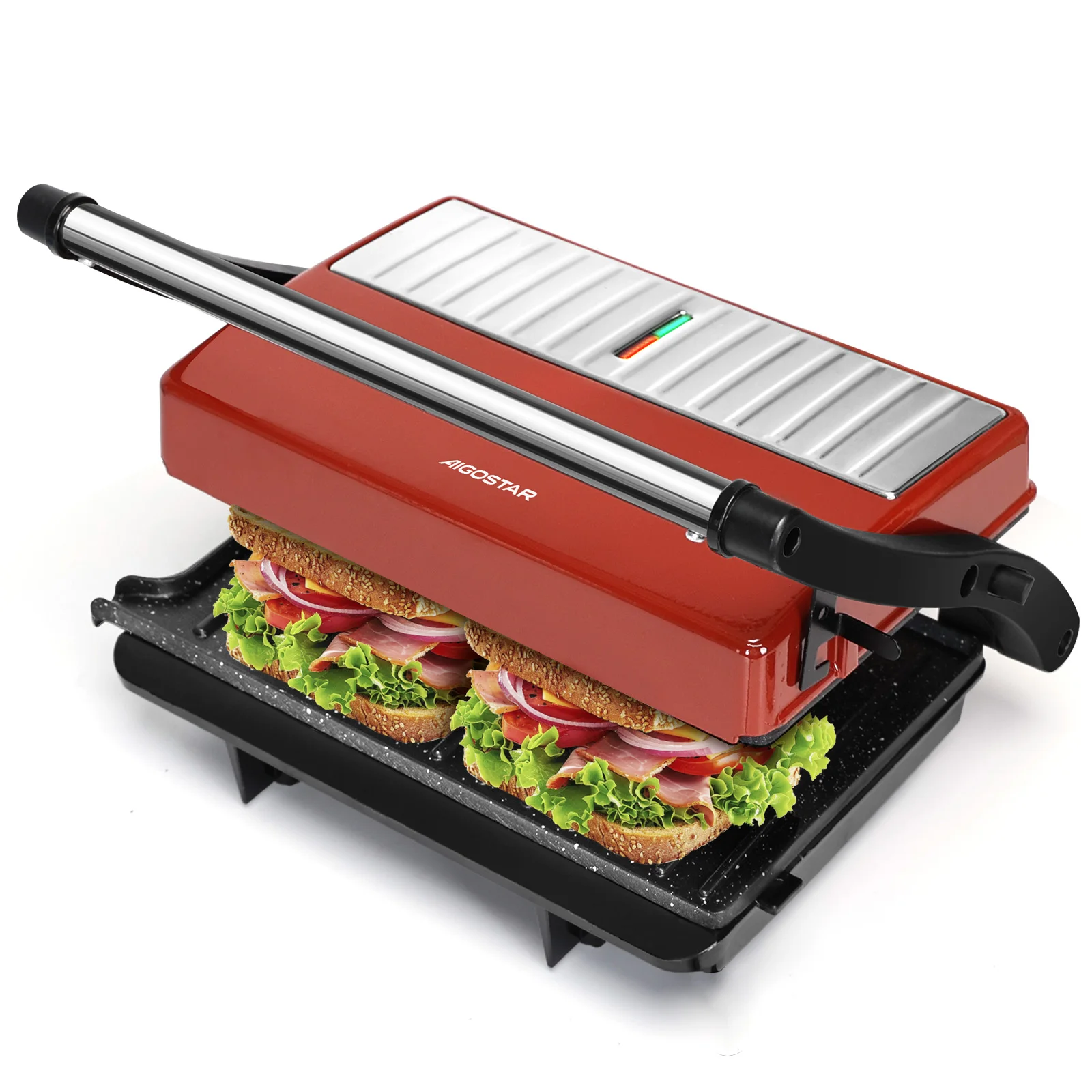 Aigostar Kontaktgrill für Sandwiches, Steak auch als Panini Grill, Antihaftbeschichteter Grill toaster für fettfreies Grillen, BPA-frei, 750W, Retro-Rot