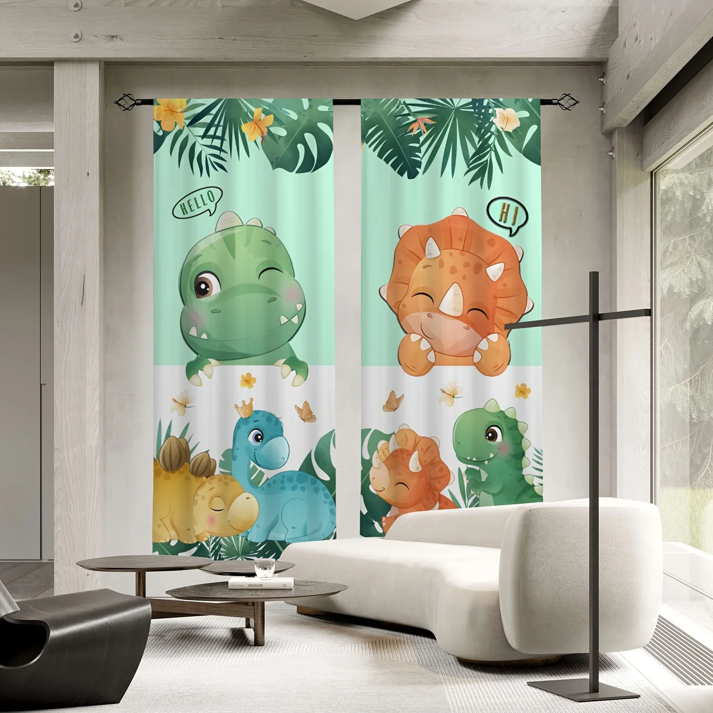 Cute Cartoon Dinosaur Curtain 2 Panels Tropical Palm Leaf Light Mint Background Master Bedroom Curtain Jungle Kids Home Decor