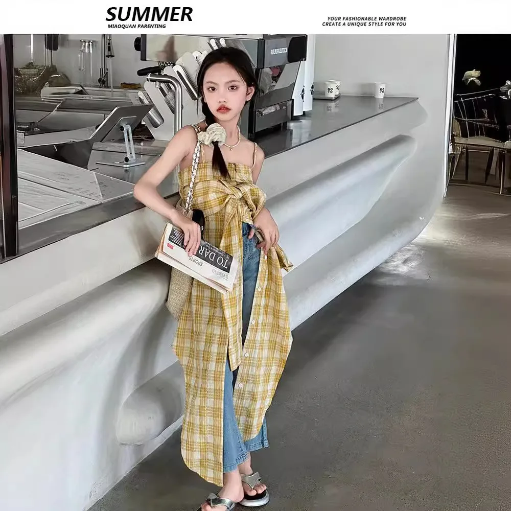 

Girls Dress Korea Style 2024 Summer New Plaid Sleeveless Sundress Design Ruffle Princess Baby Fashion Kids Summer Clothes