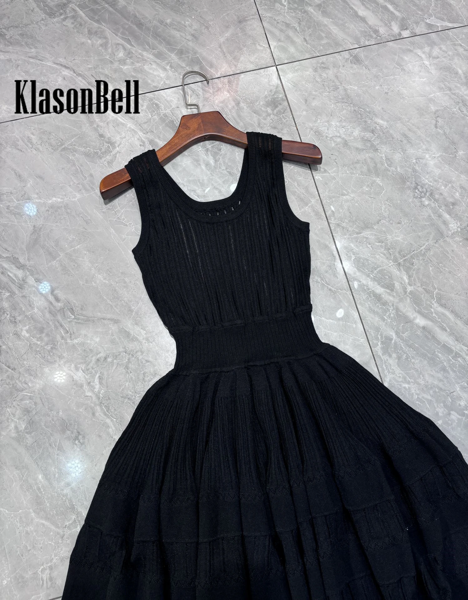 5.9 KlasonBell Sweet Ball Gown  Mini Knit Dress For Women Summer New U-Neck Sheer Spliced Collect Waist Tank Dress Beltless