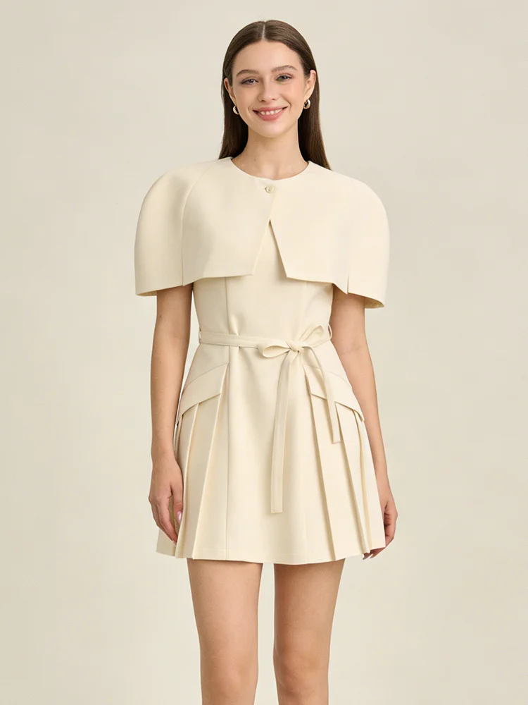 

Nova Elegant Women's Cape Sleeve Pleated Mini Dress 2026 New Belted Waist A-line Formal Party Dresses for Ladies