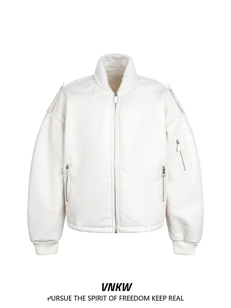 

Thiened Casual Workwear Jaet Stand Collar ex Loose Fit Warm PU Leather Biker Sle Cotton Coat for Youth