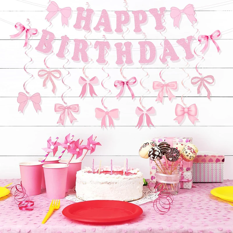 Pink Bow Birthday Decorations Bow Party Decorations Includes Happy Birthday Banner And Pink Bow Garland Hanging Swirls Bow