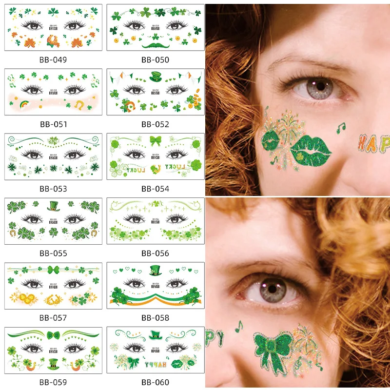 

Зеленые ирландские татуировки на день Святого Патрика, праздничные наклейки для вечеринок, трилистник, глаз, борода, лицо, тело, нога, руки, наклейки, временные принадлежности