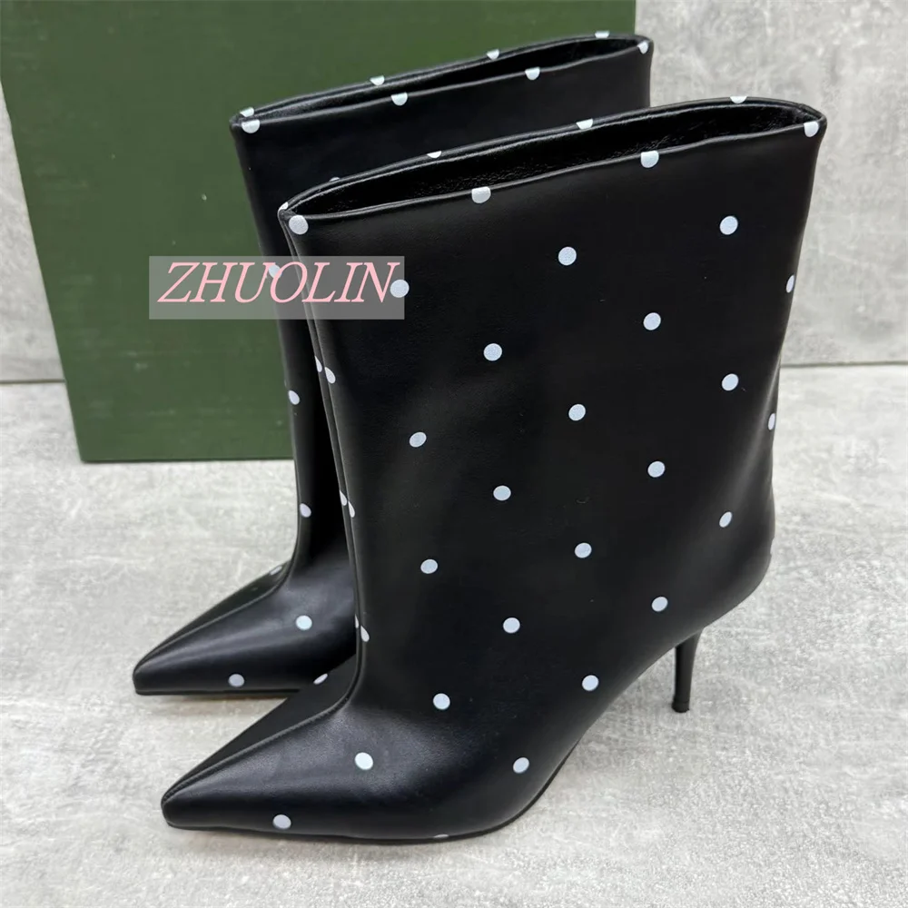 Women Black White Polka Dot Mid Calf Boots Pointed Toe Kitten Heels Wide Straight Shaft Smooth Finish Autumn Casual Dress Shoes - view 6