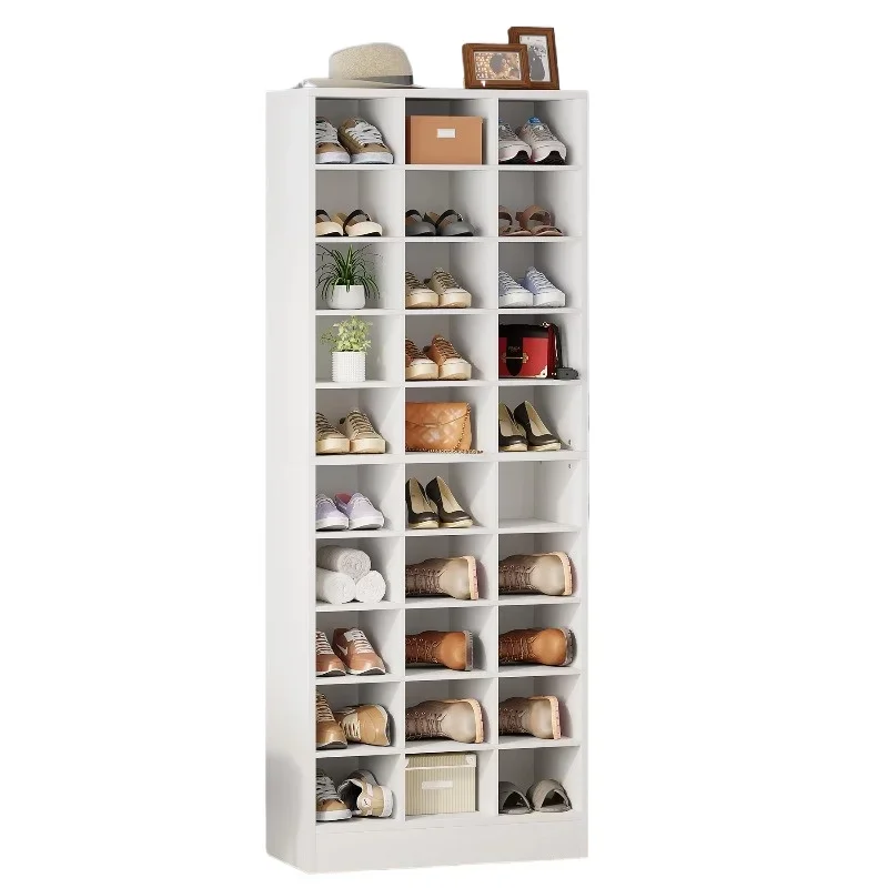 Freestanding high-entry shoe organizer for wardrobe white wooden shoe rack with 30 cubicles