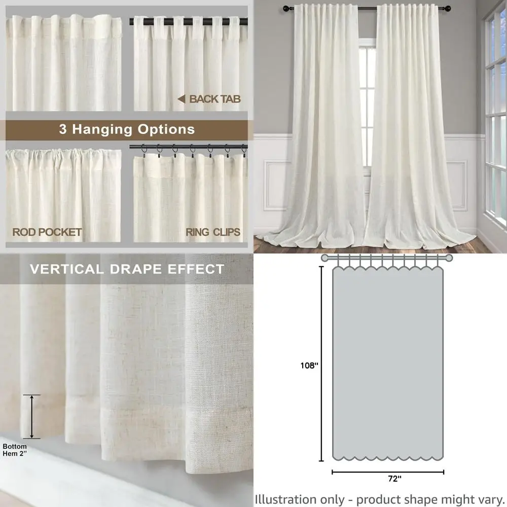 

72 Inch Wide by 108 Inch Curtains for Living Room Sliding Glass Door 2 Panel Sets Back Tab Rod Pocket Semi Sheer Linen Drapes fo