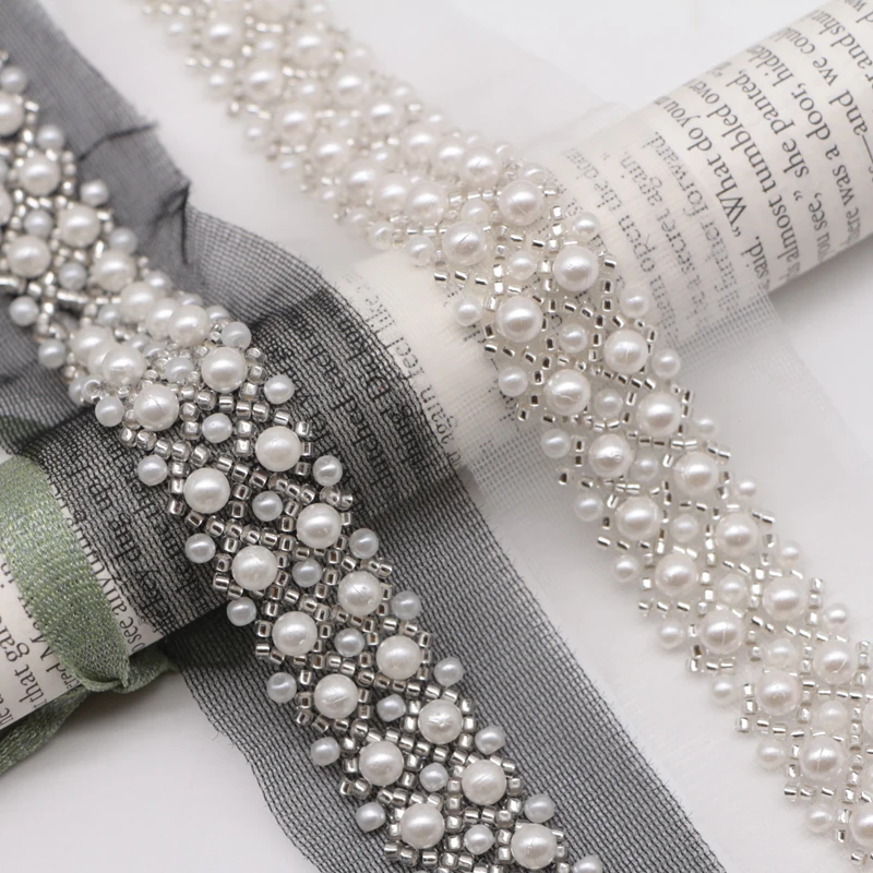 1Yard White Black Pearl Lace Beaded Trim 4.5CM Wide Embroidery on Mesh Pearl Ribbon DIY Crafts Bel Decoration Sewing Clothes