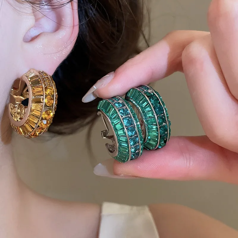 Minar Delicate Coffee Green Color Rhinestones C Shaped Hoop Earrings for Women Gold Silver Plated Alloy Party Every Day Jewelry