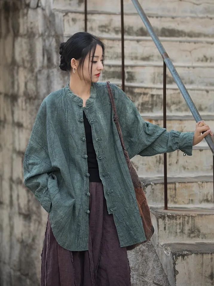 Retro Cotton Linen Zen Style Tea Costume Open Cardigan Reformed Chinese Style Outerwear with Button Design for Women